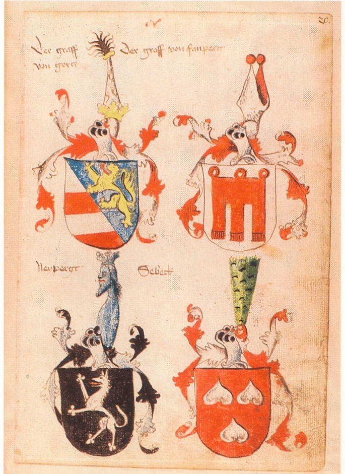 Grb Goriškega grofa levo zgoraj iz Ingeram Codex, 1459, stran Vij.