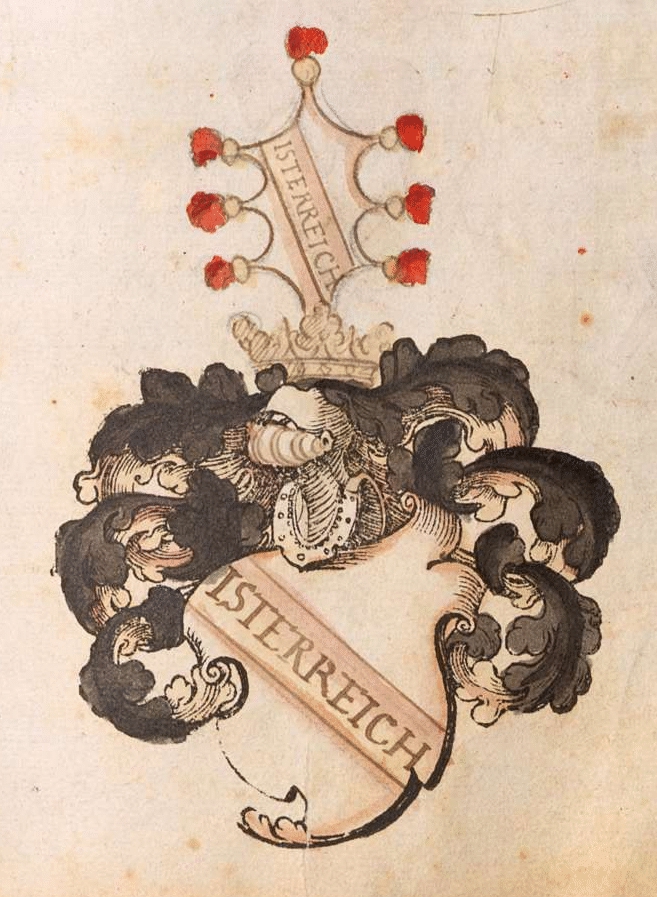 Nadomestek grba celinske Istre med leti 1554-1568 iz Bayerische Staatsbibliothek München, Cod.icon. 390 - Brechtel, Stephan: Wappenbuch des Heiligen Römischen Reiches (um 1554-1568), str. 90.