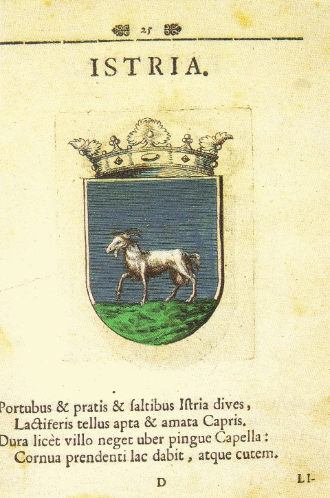 Grb Istre iz Equite Pavlo Ritter, Stemmatographiae Illyricanae, Zagreb 1702 / Ivo Banac, Grbovi biljezi identiteta, Zagreb, 1991.