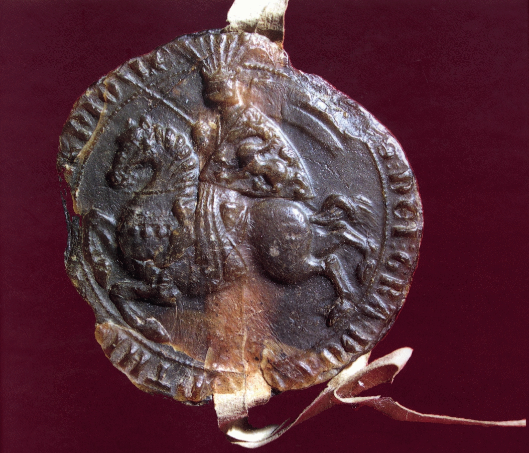 Pečat koroškega vojvode in gospoda Kranjske Ulrika III. Spanheima iz leta 1261. Koroški deželni arhiv, Celovec, AUR1261 / Andrej Komac, Od mejne grofije do dežele, Ljubljana 2006.