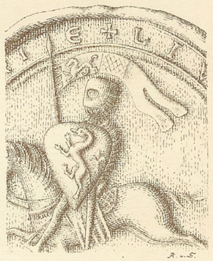 Risba prvega novčnega pečata avstrijskega (1198-1230) in štajerskega (1195-1230) vojvode Leopolda VI. Babenberžana iz leta 1205. Alfred Ritter Anthony von Siegenfeld, Das Landeswappen der Steiermark, Gradec, 1900, po originalu iz graškega deželnega arhiva.